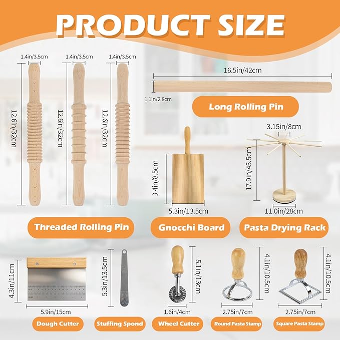 3 Size Pasta Making Tools, 11Pcs Wooden Pasta Making Kit with 3 Size Threaded Rolling Pins, Long Rolling Pin, Rotatable Pasta Drying Rack, Gnocchi Board, Dough Cutter, Wheel Cutter, 2 Stamps
