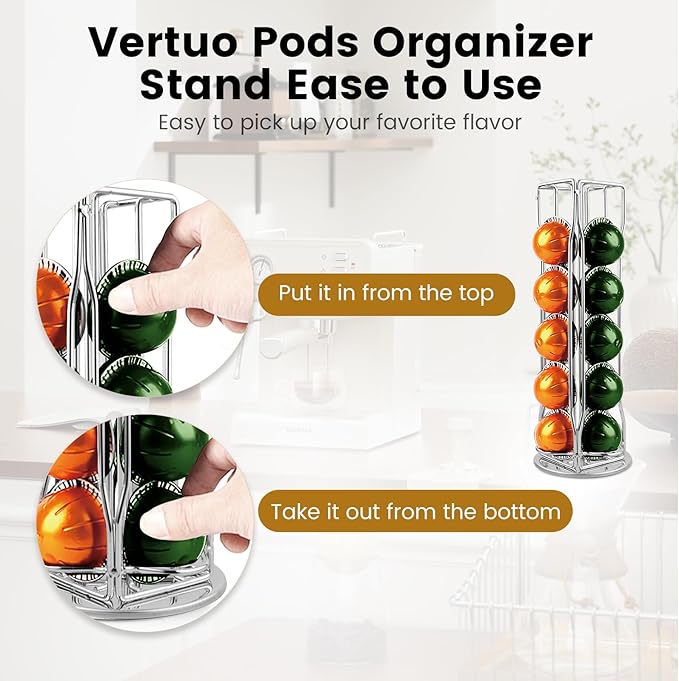 Coffee Pod Stand Holder for Nespresso Vertuoline 20 Pods, Coffee Bar Vertuo Pod Organizer Rack, 360° Rotating Coffee Capsule Holds Storage, 20 Pods Holder Spinner for Nespresso Vertuo Line (Silver)