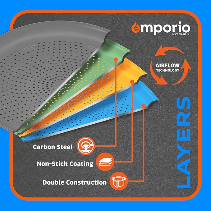 Non-Stick Pizza Pan 1 Pack – 16 Inch Round Carbon Steel Pizza Tray with Perforated Holes, PFOAPFOSPTFE-Free, Dishwasher & Oven Safe Up To 450°F, Durable Nonstick Silver Coating