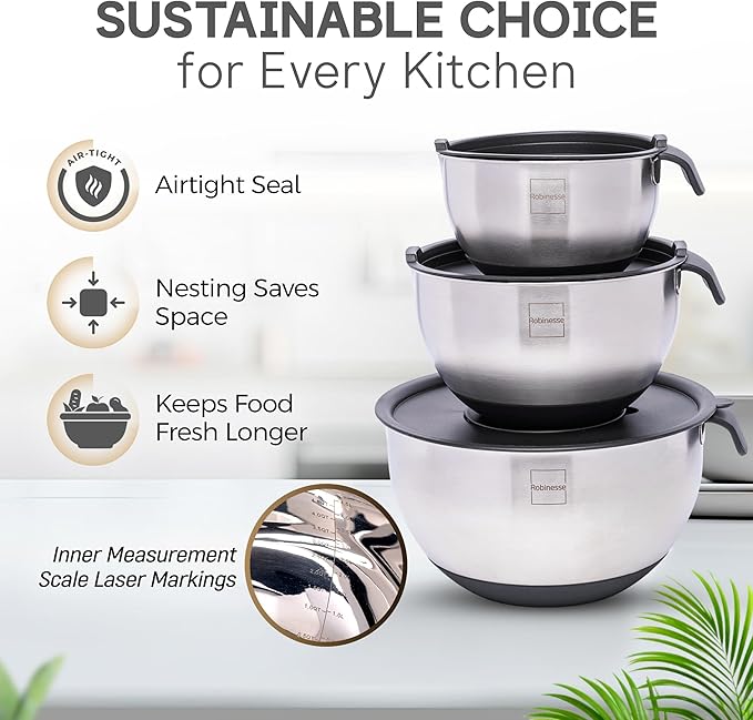 Stainless Steel Mixing Bowls Set of 3, Large Nesting Bowls with Airtight Lids for Food Prep, Cooking, Baking, Salad, and Outdoor Dining (Black, 3 Pcs)