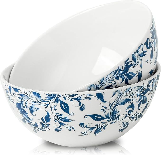 ramen bowl, salad bowl，mixing bowls，ceramic bowls, large cereal bowls, Large Soup Bowl, Pho Bowls, Fruit, Microwave Dishwasher Safe, 7 inch Blue and White 2 pack
