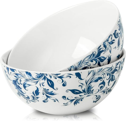 ramen bowl, salad bowl，mixing bowls，ceramic bowls, large cereal bowls, Large Soup Bowl, Pho Bowls, Fruit, Microwave Dishwasher Safe, 7 inch Blue and White 2 pack