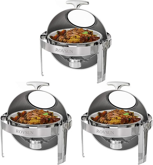 ROVSUN 6 Quart 3 Packs Round Roll Top Chafing Dish Buffet Set, Stainless Steel Chafer for Catering, Food Warmer with Glass Window for Party Wedding Banquet Graduation Event,Silver