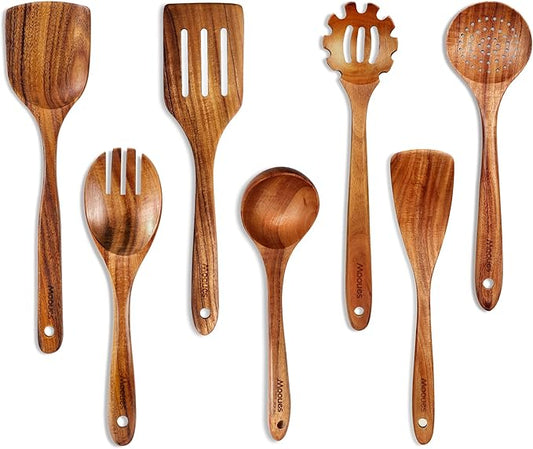 Wooden Spoons for Cooking, 7 Pcs Wooden Utensils for Cooking Natural Teak Wooden Kitchen Utensils Set