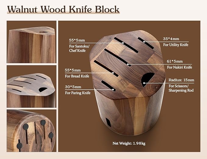 HEZHEN 7PCS Kitchen Knives Set - Professional Forging Damascus High Carbon Steel Chef Knife, Santoku, Bread, Utility, Fruit Knives & Multifunctional Kitchen Scissors - 6Slot Black Walnut Block