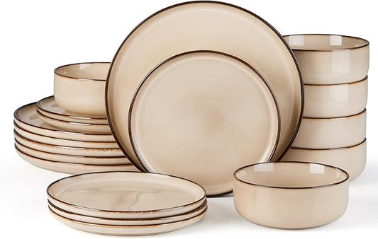 E-far 18-Piece Dinnerware Sets, Stoneware Plates and Bowls Set for 6, Reactive Glaze Dinning Ware Dishes, Microwave & Dishwasher Safe - Sandy Beige