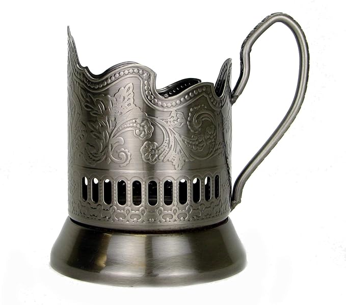 WORLD GIFTS 3 Piece Russian Tea Set Crystal Tempered Hot Tea Glasses with Metal Glass Holders Podstakannik w/Teaspoon - Vintage Design Drinkware - 1 glass, 1 holder, 1 spoon