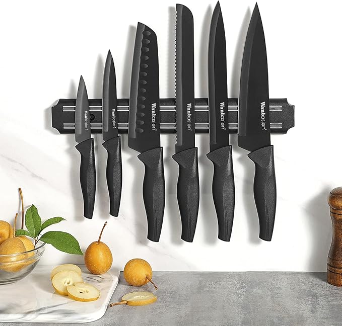 Wanbasion 7 Piece Black Sharp Knife Set for Kitchen, Stainless Steel Chef Knife Set with Magnetic Strip and Cover for Meat Cutting