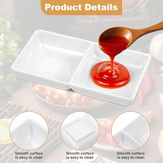 12 Pcs Dual Dipping Sauce Bowls Soy Sauce Dish Bowls Two Compartments Party Trays Divided Fondue Plates for Restaurant Kitchen Sushi Soy (White)
