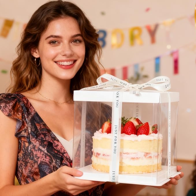 8 Packs Tall Cake Boxes with Ribbon,8x8x9 inches Bakery Boxes,White Multi-Layer Cake Containers for Birthday,Wedding, Halloween. (White, 8 * 8 * 9 inch/8pcs)