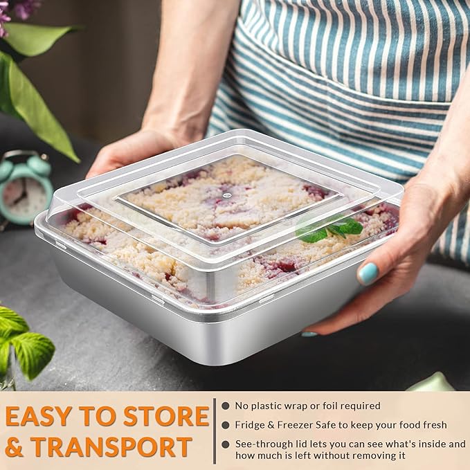 8 x 8-Inch Square Baking Pan with Lid, E-far Stainless Steel Square Cake Brownie Pan, Fit for Toaster Oven, Non-toxic & Healthy, Easy Storage & Dishwasher Safe - 2 Pieces(1 Pan + 1 Lid)