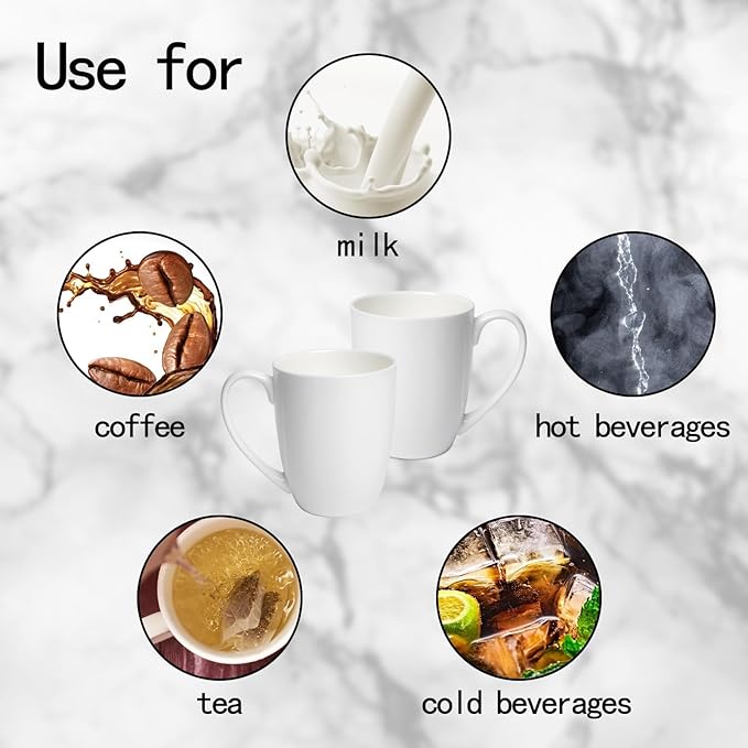 Plain White Fine Bone China Blank Coffee Mugs Set of 4, 11 Oz Tea Cups with Large Handle, Lightweight Ceramic Coffee Mugs, Aesthetic Coffee Cups