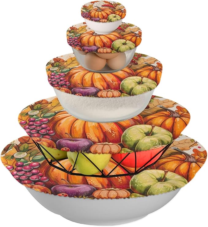 5 Pcs Bowl Covers Reusable in 5 Size Elastic Food Cover Cloth Lids Fresh Keeping Dish Cookware Bakeware Fabric Covers Lids for Food Leftovers Fruits Storage Fall Harvest Pumpkins Mushroom O
