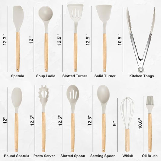 19 PCS Kitchen Cooking Utensils Set, 11 Pieces Silicone Cooking Utensils Set 6 Pieces Sharp Stainless Steel White Knife Set with 1 Piece Cutting Board, Ideal for Apartment