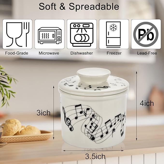 Music Note Design Butter Crock for Counter - French Style Ceramic Butter Keeper and Butter Dish with Lid, Butter Holder for Countertop Storage, Airtight Container for Soft, Spreadable Butter