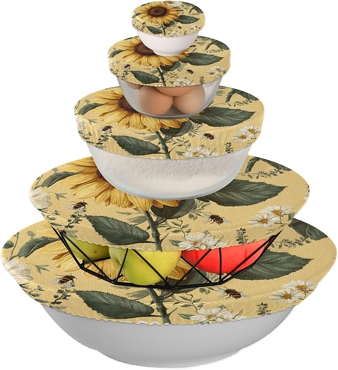 5 Pcs Bowl Covers Reusable in 5 Size Elastic Food Cover Cloth Lids Fresh Keeping Dish Cookware Bakeware Fabric Covers Lids for Food Leftovers Fruits Storage Yellow Sunflowers and Daisies