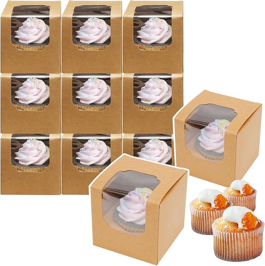 Bakepacker Auto-pop up Cupcake Boxes 30-Packs Individual Cupcake Container Brown 3.5" x 3.5" x 3.5" Single Cupcake Boxes