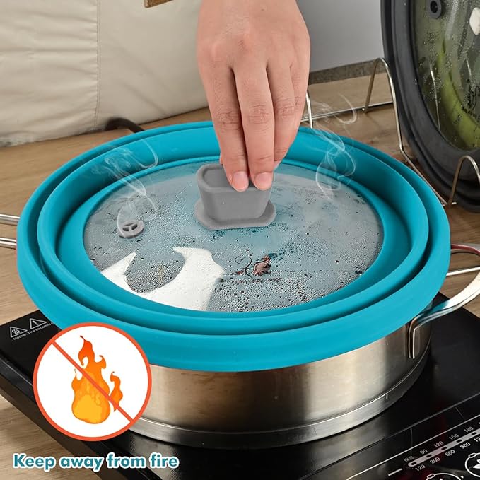 Microwave Splatter Cover Glass Cover Splatter Guard Lid with Collapsible Silicone for Food Cover Plate Cover 11.8 inch Blue