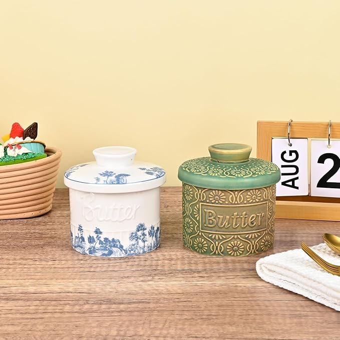 Butter Crock, Ceramic French Butter Dish with Lid for Countertop, Butter Keeper with Water Line for Fresh Spreadable Butter (Vintage Green)