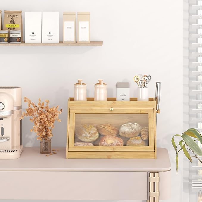 Bamboo Bread Box with Shelf for Kitchen Counter-Large Capacity Bread Storage Container with Wavy Arcylic Transparent Door Bamboo Wooden Farmhouse Bread Box for Your House (Nature)