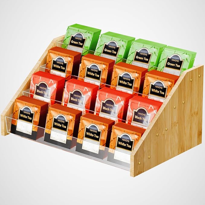 NiHome 4 Layer Tea Bag Organizer, Bamboo & Plastic Tea Storage Holder Organizer, 4-Tier Design Offering Quick and Easy Access, Clear Dividers & Large Capacity, Easy to Assembly