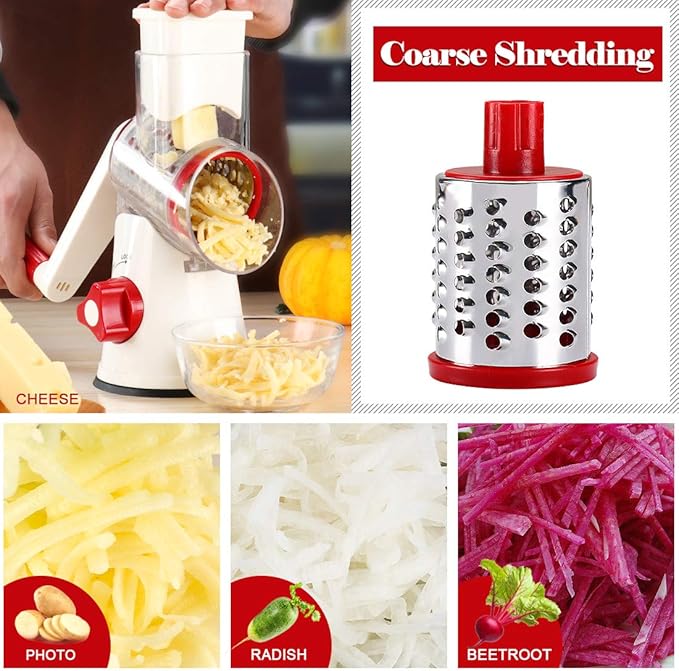 Ourokhome Rotary Cheese Grater Hand Crank, Kitchen Shredder Speed Mandolin Slicer Nuts Grinder with Handle and Drum Blades for Cheese, Vegetable, Chocolate, Potato, Carrot, 3 Blades, White Red