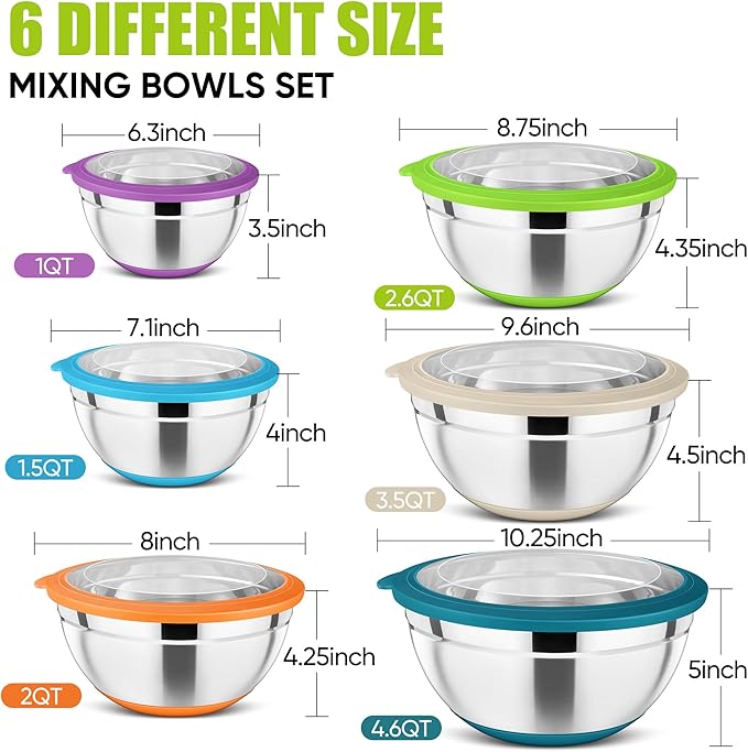 P&P CHEF Multicolor Mixing Bowls Set of 6, Stainless Steel Mixing Bowl with Visible Lids for Salad, Metal Nesting Serving Bowls for Kitchen Cooking Prepping Storing Food, 4.6/3.5/2.6/2/1.5/1 QT