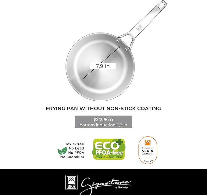 BRA COOKWARE Signature Frying Pan | 8 inches Professional Skillet | Stainless Steel Frypan | All Stovetop Compatible - Full Induction Skillet | PFOA Free | w/o Non-Stick Coating | Polished Finish