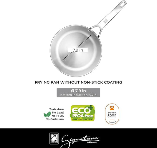 BRA COOKWARE Signature 3 Frying Pan Set | 8 + 9.5 + 11 inches Professional Skillet | Stainless Steel Frypan | All Stovetop Compatible Skillet | PFOA Free | w/o Non-Stick Coating | Polished Finish