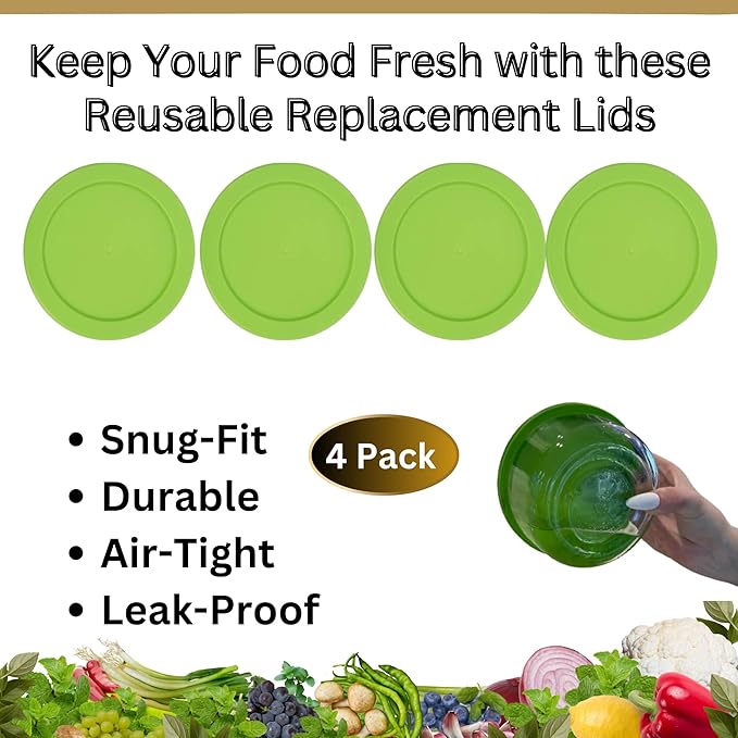 4 Cup/950 mL Spring Green Replacement Lids/Covers for Pyrex 7201-PC, 4 Cup/32oz Anchor Hocking & Klare Ware Storage Bowls *Lids Only* - *Glass Container Not Included* (4 Pack, Spring Green)