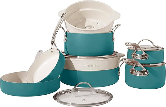 Bloomhouse 12 Piece Aluminum Pots and Pans Cookware Set w/Non-toxic Ceramic Non-stick, Ceramic Steamer Insert, & 12 Protective Care Bags - Agave Blue