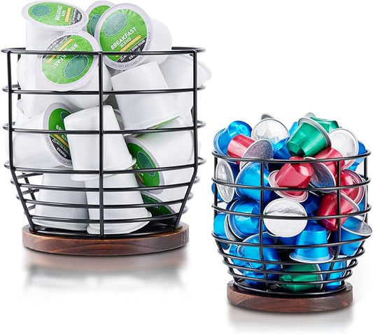 Yangbaga 2pcs Coffee Pod Holder - Large Capacity Black Wire K-Cup Holder With Wooden Base, Modern Basket Bar Decor for Station, Espresso Pods & Capsules, Fruit Snack Storage