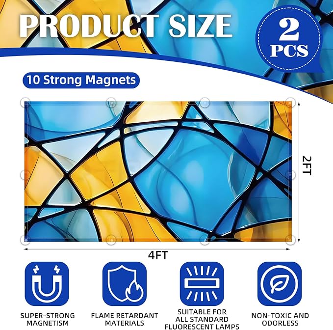 2 Pcs Fluorescent Light Covers - 4 x 2 Feet Covers for Ceiling Lights, Magnetic Light Filters for Classroom, Office, Hospitals, Home (Colorful Art)