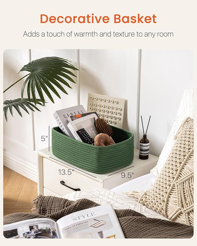 Small Woven Basket, 13.5 x 9.5 x 5 Inches, Storage Basket for Organizing, Cute Small Rope Shelf Closet Cube Storage Bins Baskets for Shelves, Dog Toy Gift Baskets Empty, 3 Pack, Green