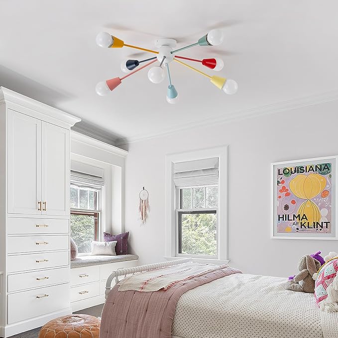 Colorful Chandelier, 8-Light Modern Sputnik Chandelier, Kids Ceiling Light with Multi Color Rainbow Semi Flush Mount Ceiling Lights for Living Room Dining Room Bedroom Playroom E26 Base