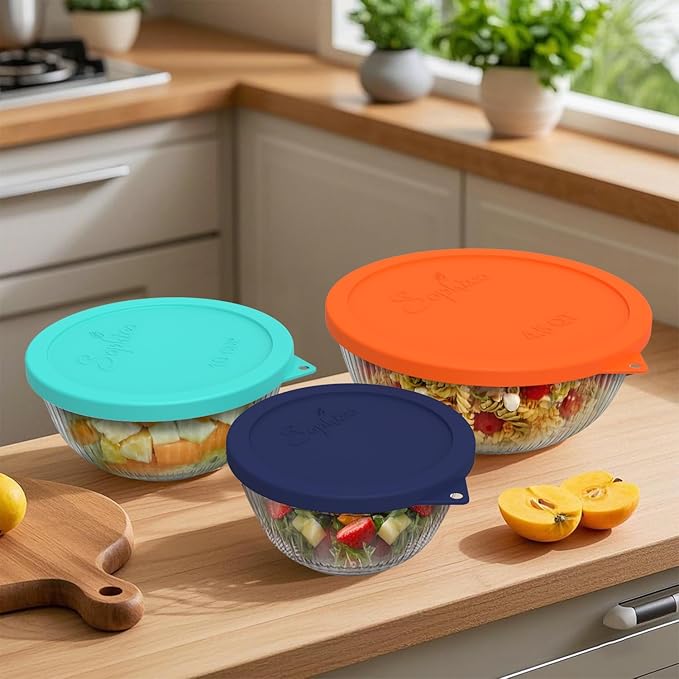 SOPHICO Silicone Replacement Lids for Pyrex Sculpted Glass & Tinted Glass Bowls Mixing Bowls（3 size）Container not included
