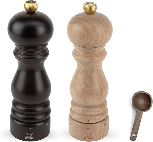 Peugeot Paris u'Select 6 Setting Manual Beechwood Zirlion Salt & Pepper Mill Set With Wooden Spice Scoop Made In France (Chocolate & Natural, 7- Inch)