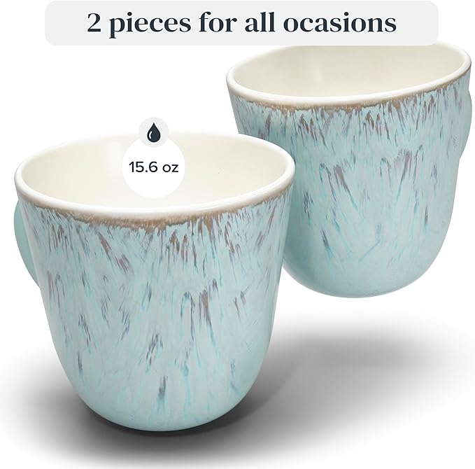 Stoneware Coffee Mugs Set of 2, Stylish Coffee Mug Set modern beige-blue, 14.5 Oz Coffee Cups Ceramic, Dishwasher and Microwave Safe Mug, Solid Ceramic Mug, Mediteran Coffee Cup Set, Large
