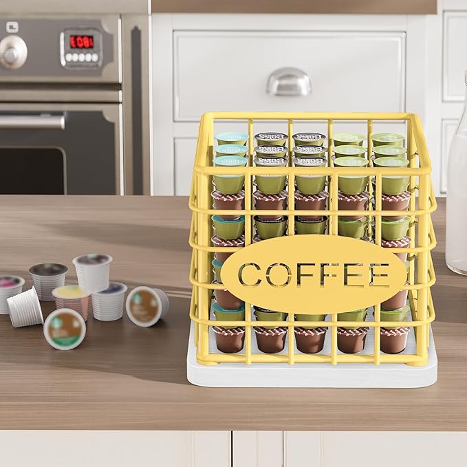 Coffee Pod Holder Organizer, Large Capacity Coffee Pod Basket for K Cup, Coffee Capsule Storage Basket with Wooden Base, for Kitchen Countertop, Gold and White KH10DW