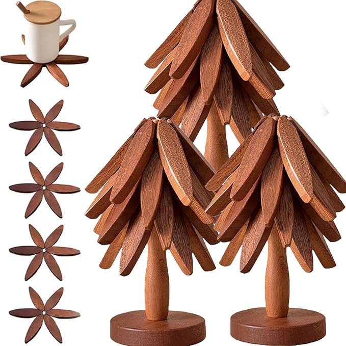 Christmas Tree Trivet Set of 4, Natural Tree Trivet Set - 4 Wooden Trivets & 1 Stand Like a Christmas TRE, Foldable Wood Coasters Heat Resistant Coasters for Hot Pots, Rustic Kitchen(Set A,3pcs)