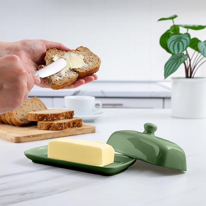 Zulay Butter Dish With Lid For Countertop - Porcelain White, Ceramic Butter Dish with Knob Handle Great for Cooking - Elegant Design Butter Holder - Durable & Sturdy Butter Keeper - Jade