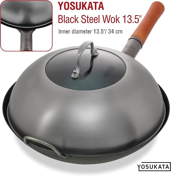 YOSUKATA Wok Lid 12.8 In for 13.5-In Wok - Premium Stainless Steel Cover with Tempered Glass Insert Steam Holes and Ergonomic Handle - Durable Stainless Steel Accessories - Dishwasher-Safe