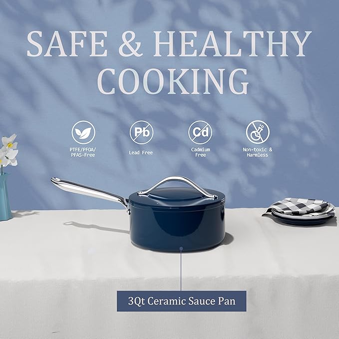 3.5qt Nonstick Ceramic Sauce Pan with Lid (8.19") Even Heat Distribution, Non Toxic & PFAS Free Healthy Cooking Pot for All Stovetops (Induction/Gas/Electric), Oven Safe 500°F, Navy Blue
