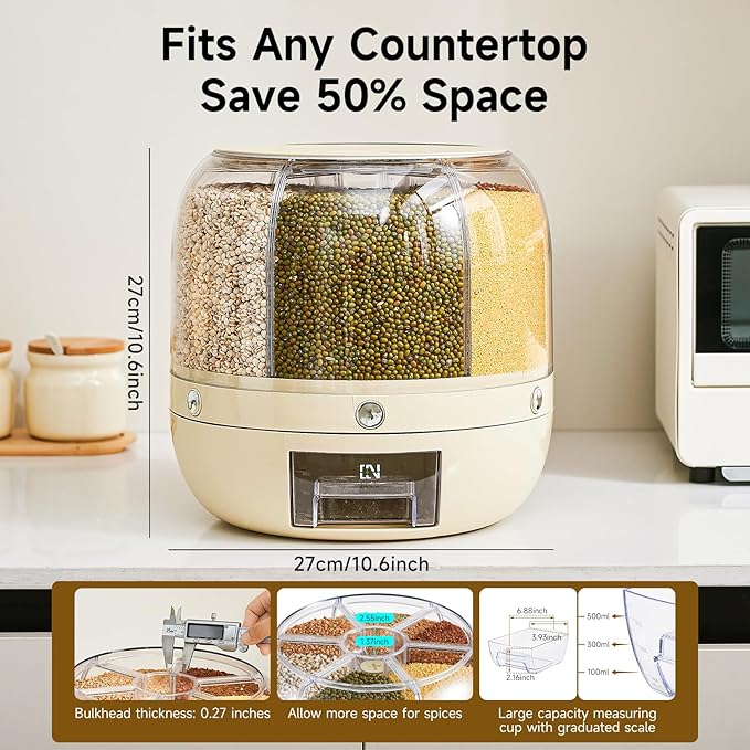 Rice Dispenser | 360° Rotating Grain Storage Bin - 6 Grids, 20LBS Large Capacity Food Container, Moisture-Proof, One-Click Output for Rice, Beans & Pet Food - Kitchen Pantry Organizer