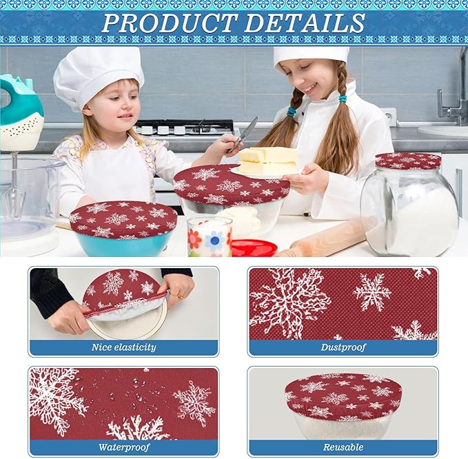 5 Pcs Bowl Covers Reusable in 5 Size Elastic Food Cover Cloth Lids Fresh Keeping Dish Cookware Bakeware Fabric Covers Lids for Food Leftovers Fruits Storage Christmas Red Snowflake