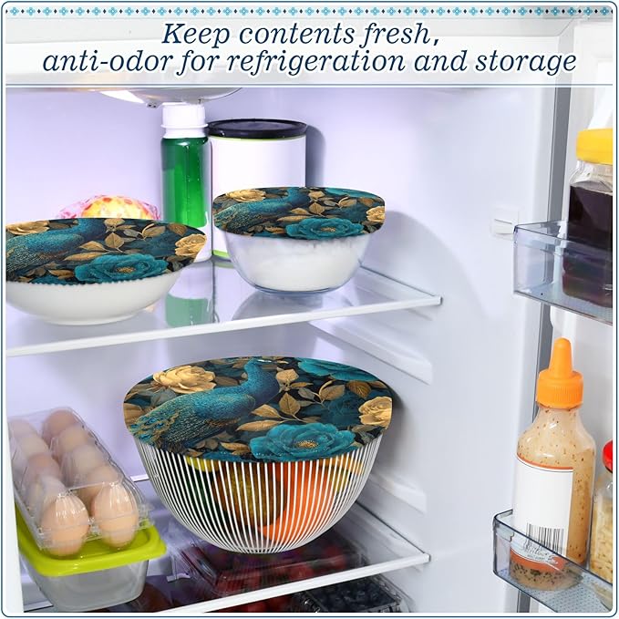 5 Pcs Bowl Covers Reusable in 5 Size Elastic Food Cover Cloth Lids Fresh Keeping Dish Cookware Bakeware Fabric Covers Lids for Food Leftovers Fruits Storage Peacock and Teal Gold Roses