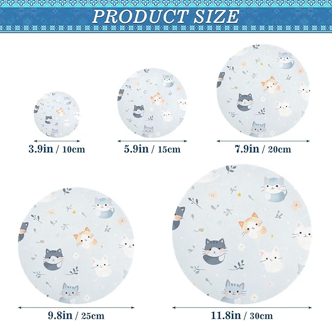 5 Pcs Bowl Covers Reusable in 5 Size Elastic Food Cover Cloth Lids Fresh Keeping Dish Cookware Bakeware Fabric Covers Lids for Food Leftovers Fruits Storage Blue Cats Flowers