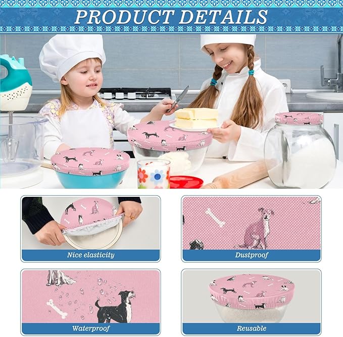 5 Pcs Bowl Covers Reusable in 5 Size Elastic Food Cover Cloth Lids Fresh Keeping Dish Cookware Bakeware Fabric Covers Lids for Food Leftovers Fruits Storage Pink Dog and Bone