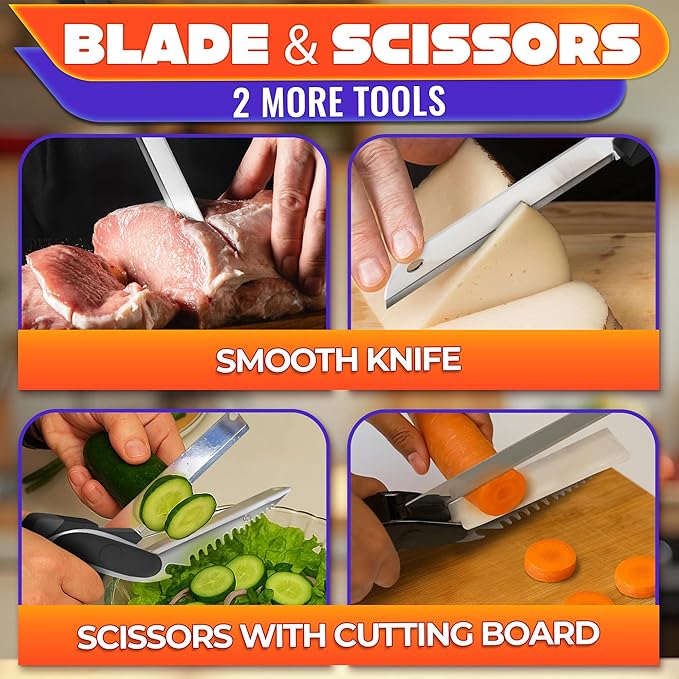 6-in-1 Cutting Board Scissors – Kitchen Shears Heavy Duty with Built-In Mini Board, Ribbed No-Slip Blade, Spring-Assist, Safety Lock & Dishwasher-Safe Design – Meat Scissors for Veggies, Fruits, Fish