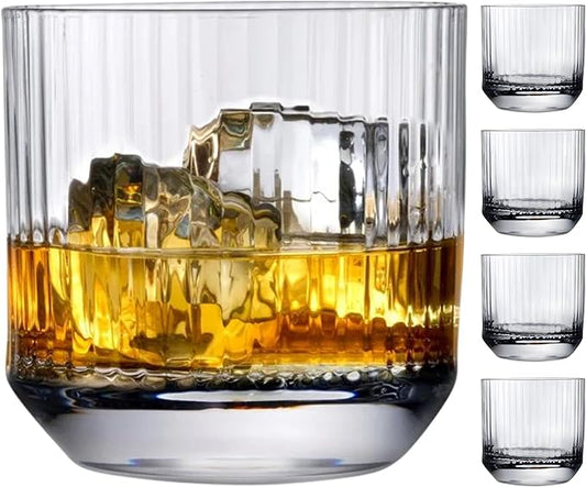 NUDE Whiskey Glasses Set of 4 DOF – 10.75 oz Premium Lead-Free Crystal Old Fashioned Rocks Glasses for Whisky, Scotch & Bourbon – Etched Linear Pattern, Dishwasher Safe Barware